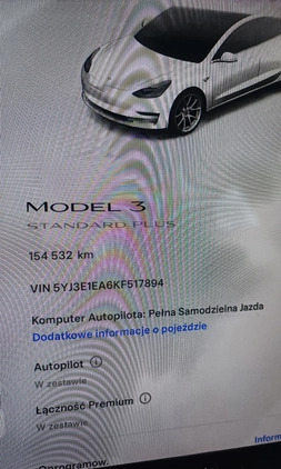 Tesla Model 3 cena 94710 przebieg: 154000, rok produkcji 2019 z Głogów Małopolski małe 67